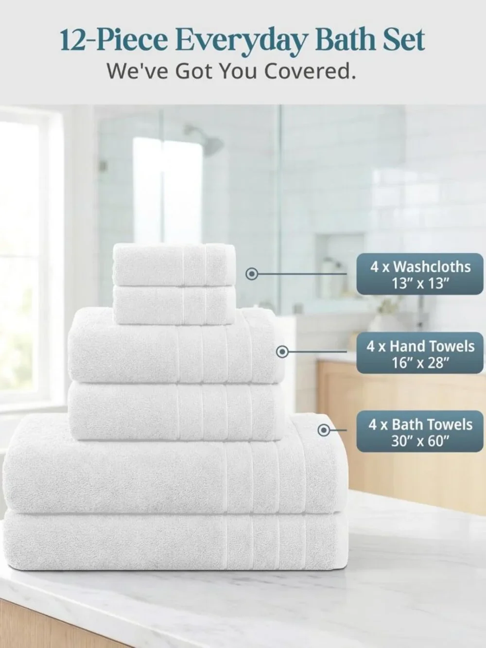 Luxurious 12-Piece Bath Towel Set - 100% Cotton, Soft & Absorbent, White